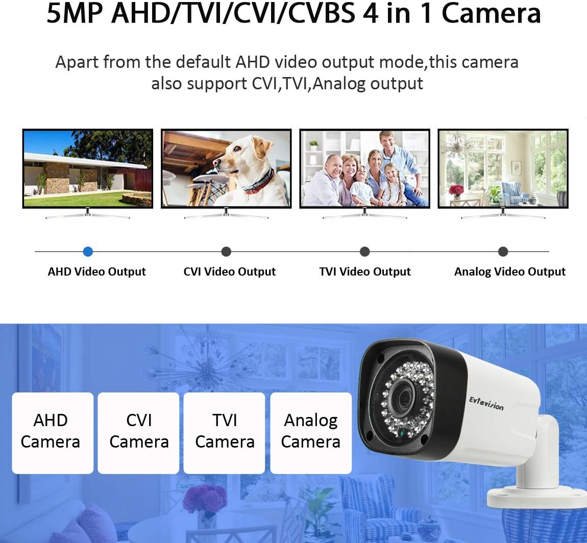 Evtevision 5MP Outdoor Security Camera, 4-in-1 AHD/TVI/CVI/CVBS,Wired Home Security Camera with 100ft Night Vision - Image 3