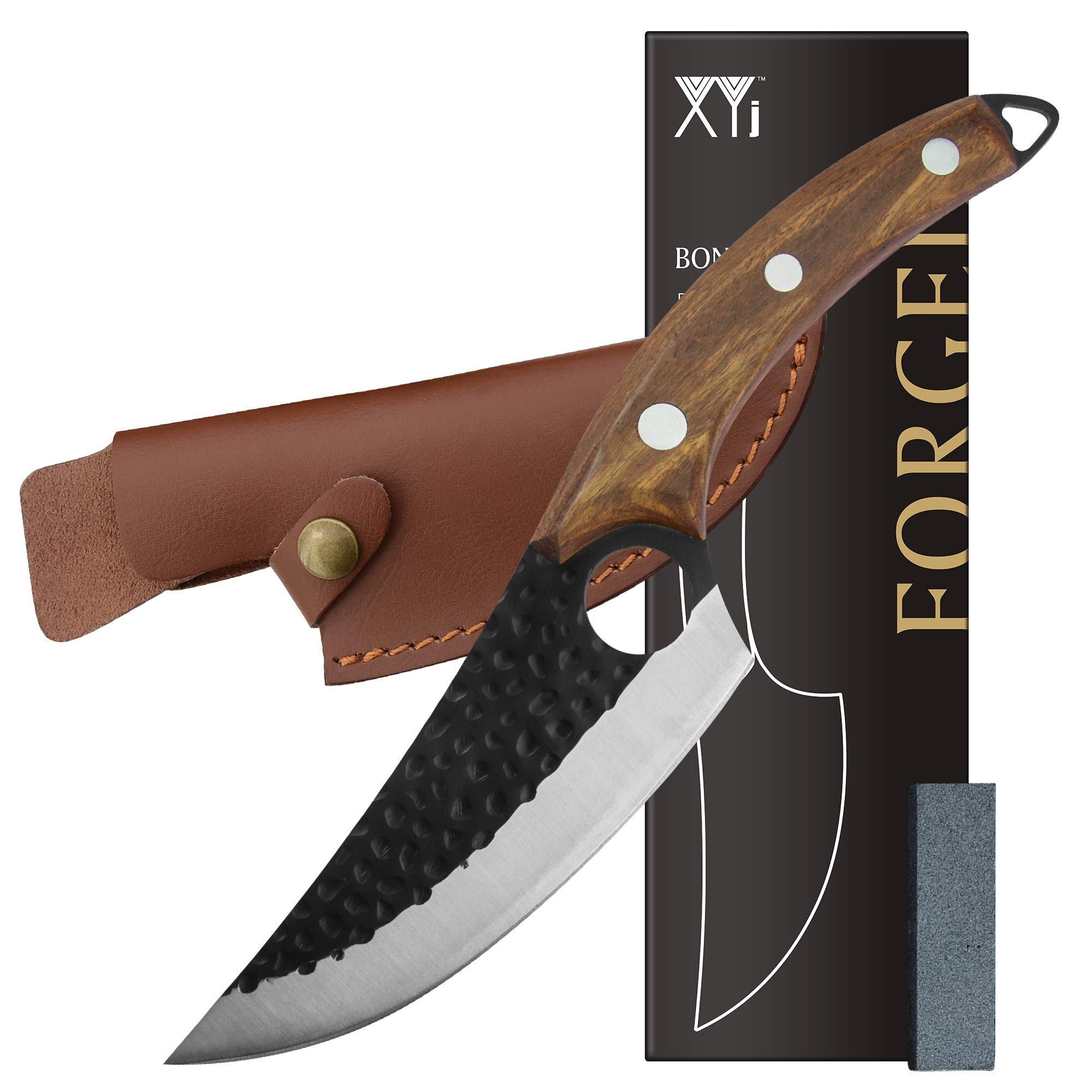 XYJ Stainless Steel Boning Knife 6 Inch Chef Fishing Knives Carry Leather Sheath Meat Cleaver Outdoor Cooking Cutter Butcher Knife For Camping Kitchen or Outdoor BBQ