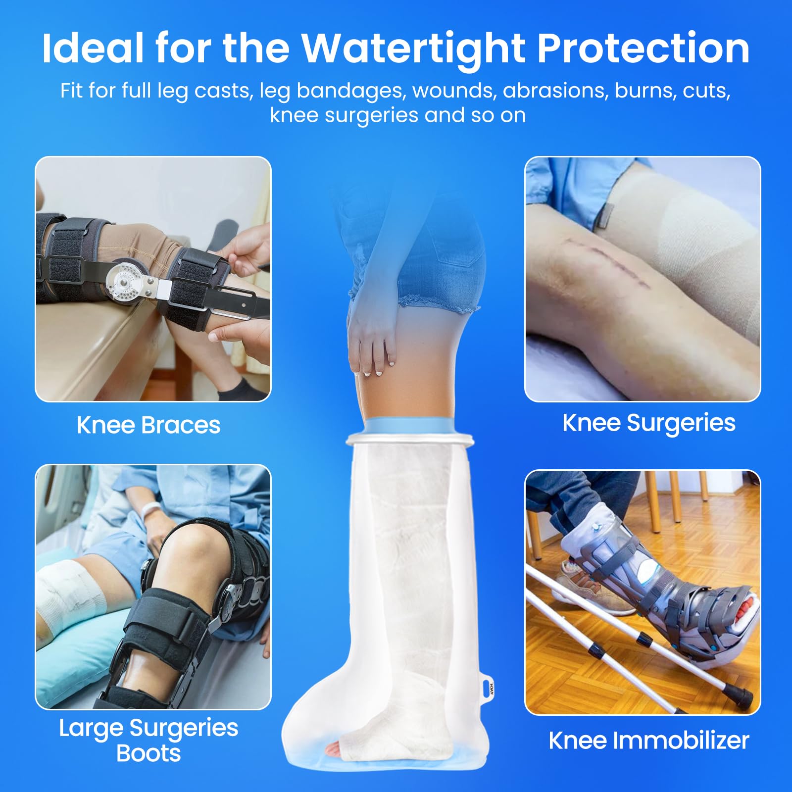 YUNCHI Upgraded Extra Wide Full Leg Cast Cover for Shower after Knee Surgeries with Non-Slip Bottom for Leg Wounds, Bandage, Large Cast, Knee Immobilizer/Brace, Walking Boots, Reusable
