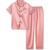Tebbis Satin Pajamas for Girls - Neon Pink Cute Silky Short Sleeves & Pants Sleepwear PJ Set Size 6/7-16