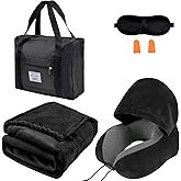 Travel Blanket Pillow Set - Travel Neck Pillow & Blanket for Airplane, Thick Fleece Plane Blanket, Hooded Memory Foam Neck Pillows, Foldable Duffel Bag, Sleep Mask, Earplugs for Plane Traveling, Black