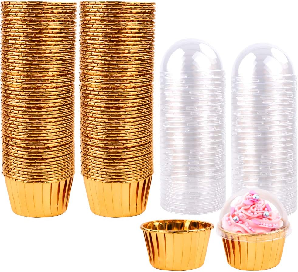 Foil Metallic Cupcake Liners 100Pcs Gold Cupcake Cases with Lids Foil
