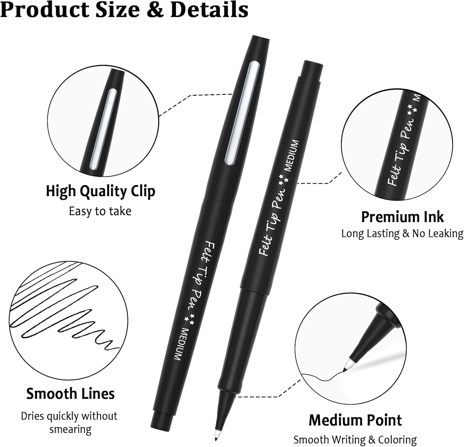 Lelix Felt Tip Pens, 15 Black Pens, 0.7mm Medium Point Felt Pens, Felt Tip Markers Pens for Journaling, Writing, Note Taking, Planner, Perfect for Art Office and School Supplies : Office Products