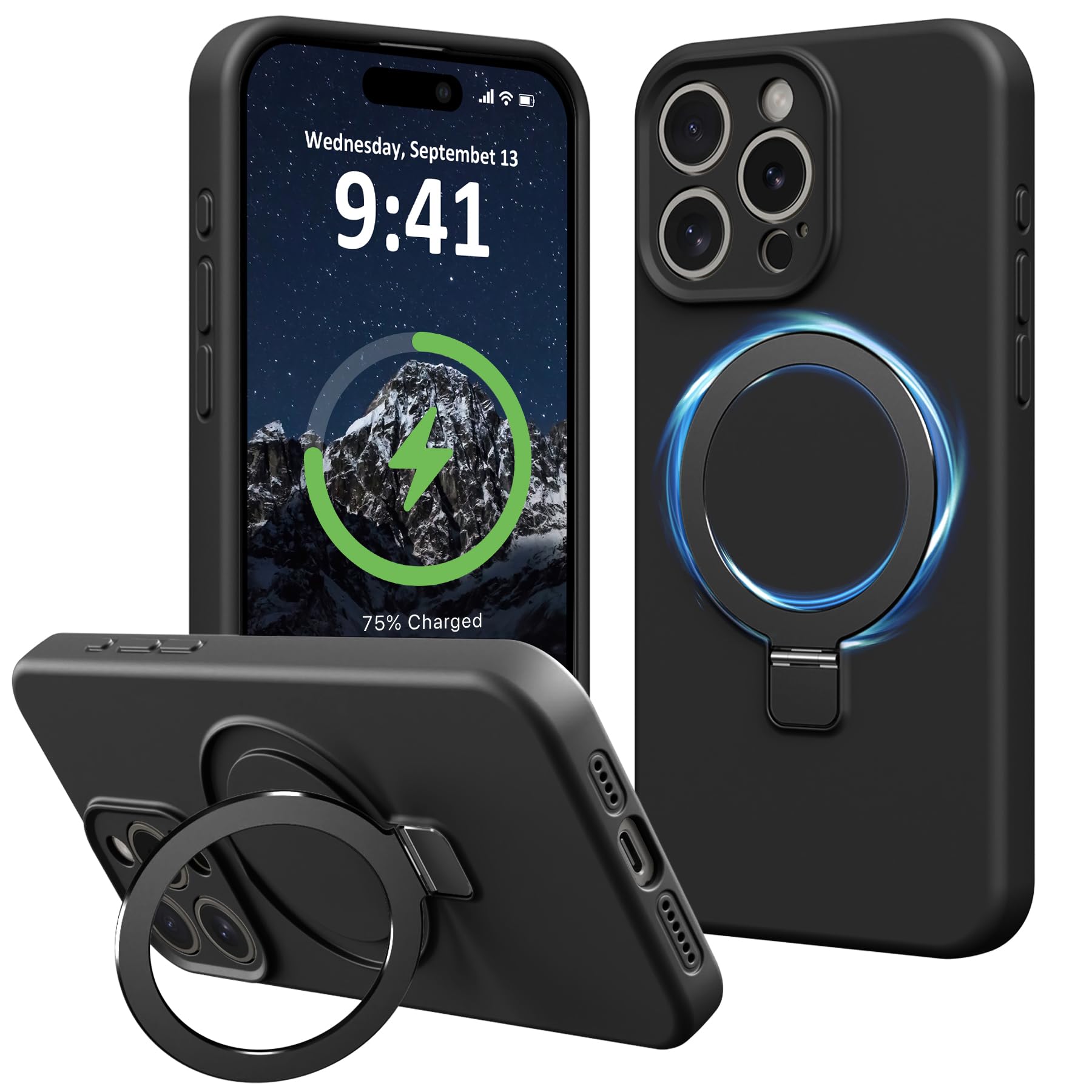 Photo 1 of Vanxiliiy Compatible with iPhone 13 Pro Max Case Stand, Slim Full Camera Protection Liquid Silicone Phone Case Suitable for iPhone 13 Pro Max Compatible with MagSafe Ring Magnetic Kickstand, Black