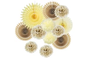 Nature Party Decorations Tissue Paper Fans Cream Brown Pom Pom Flowers Decor for Autumn Fall Wedding Party Room House - 12pcs