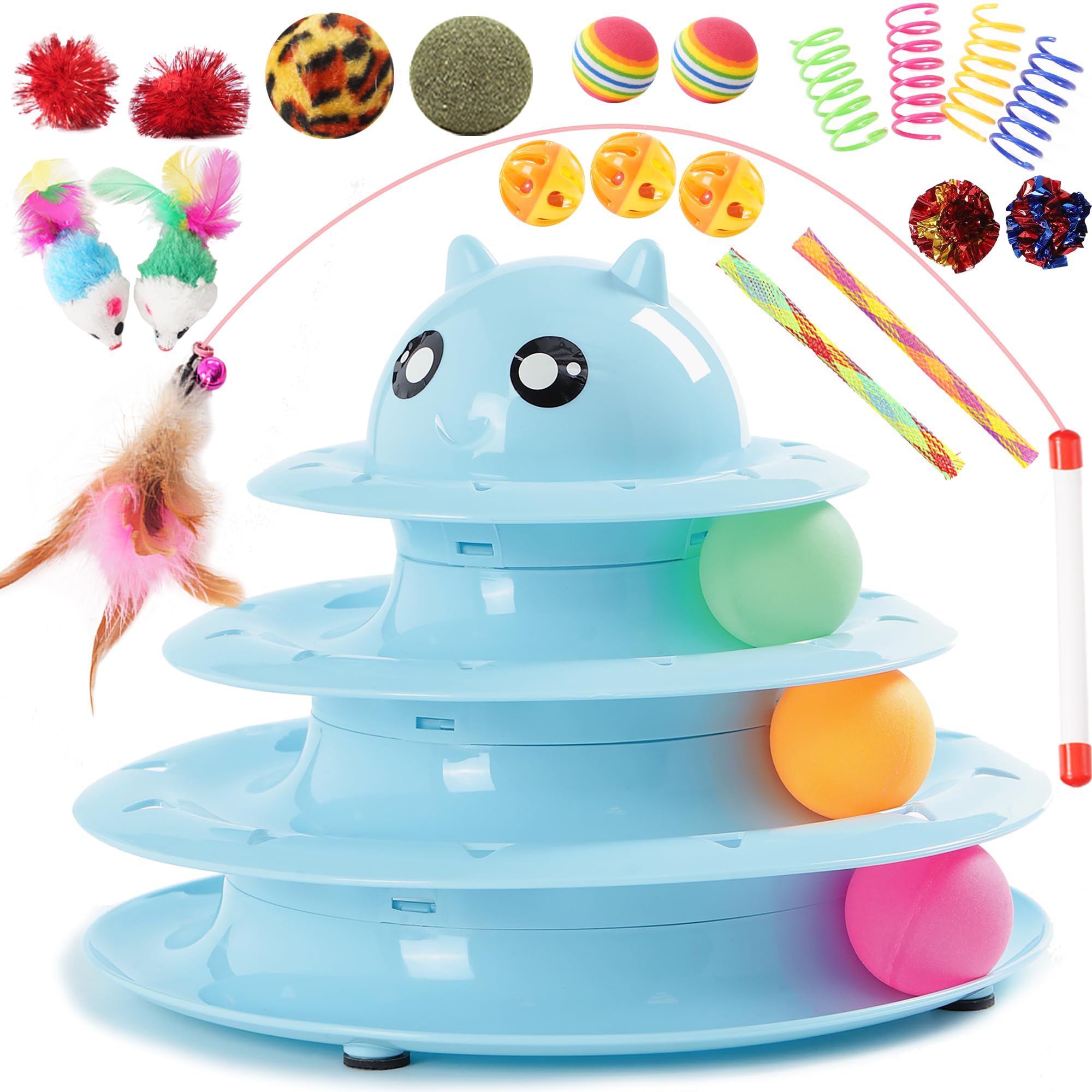 Vealind Cat Toys Bundle 21 PCS Kitten Toy for Indoor Cats Roller Balls Interactive Fun Roller 4 Level Cat Tower for Exerciser Wand Kitty Toy Set