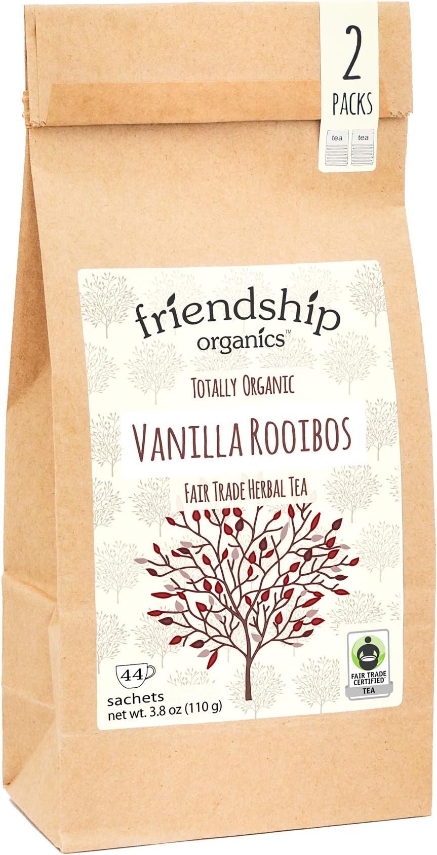 Friendship Organics Vanilla Rooibos, Totally Organic and Fair Trade Herbal Tea in Tagless Tea Bags (44 Count)