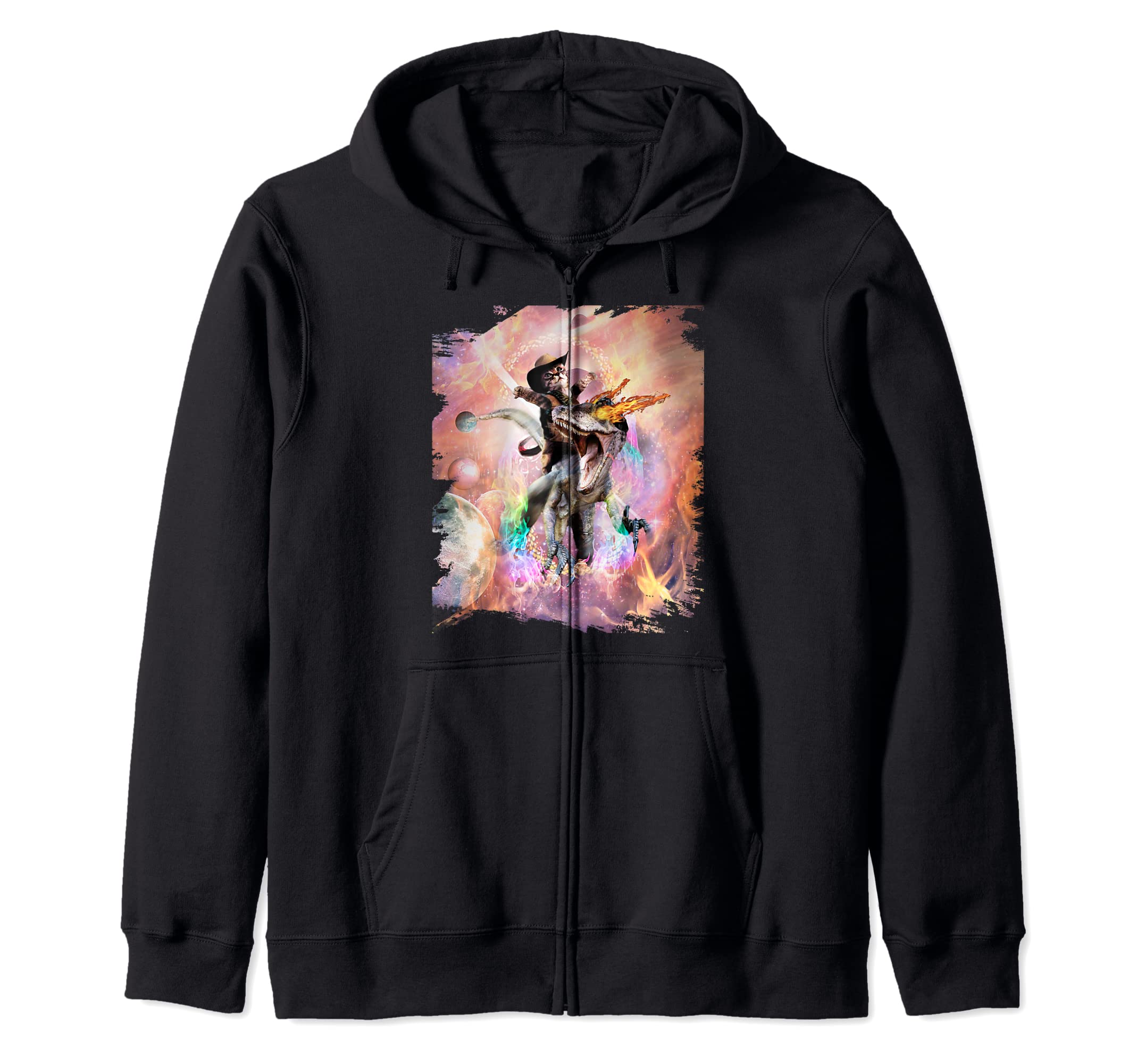 Evil Velociraptor Raptor Fire Dinosaur & Space Cat Zip Hoodie