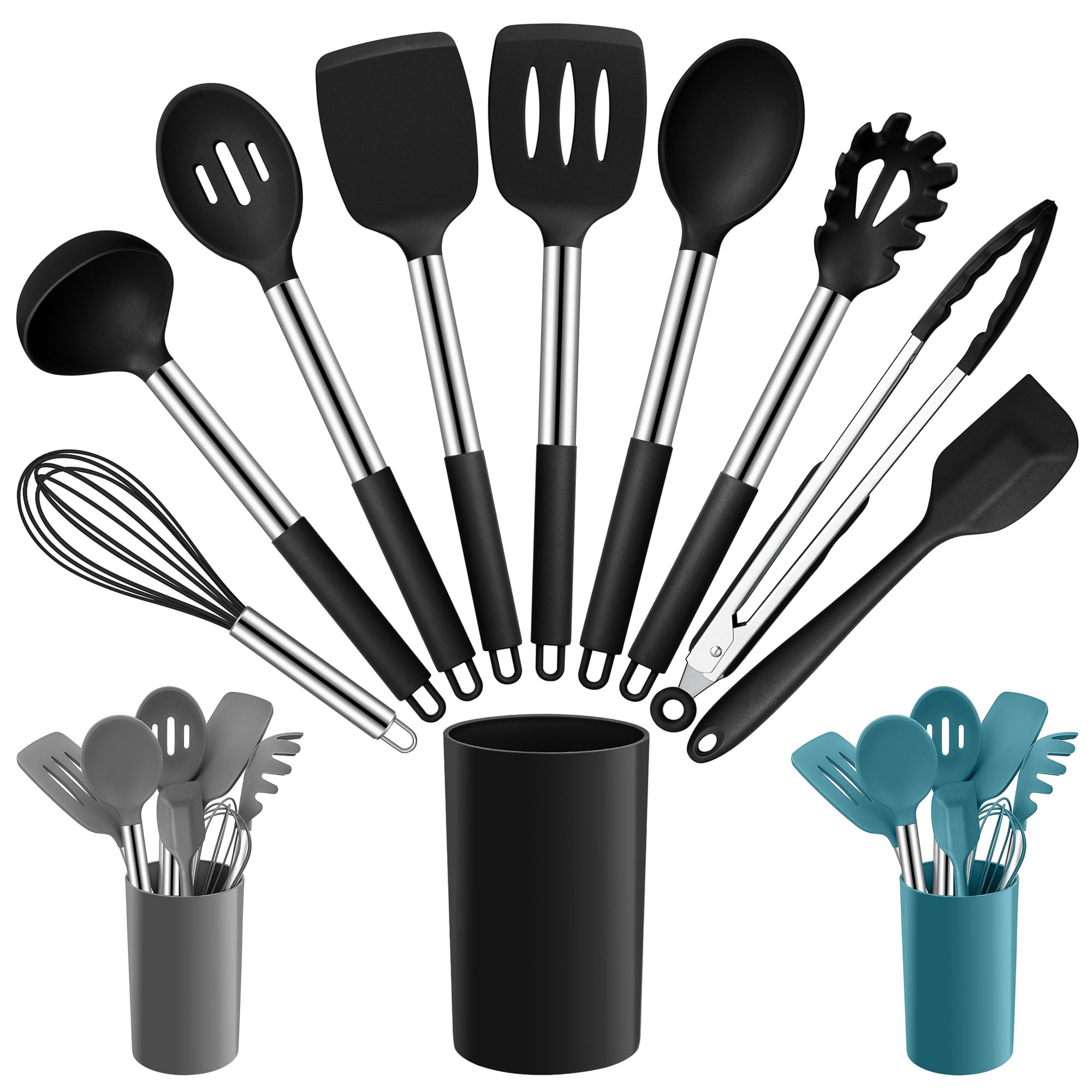Joyfair Kitchen Utensils Set, 10 Pcs Silicone Cooking Utensils Set with Stainless Steel Handle, Heat Resistant Cooking Tools Spatula Turner Spoon with Holder, Dishwasher Safe & Non Scratch, Black