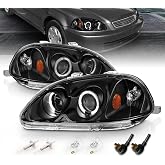 AmeriLite Black Dual LED Halo Projector Replacement Headlights Set For 96-98 Honda Civic - Passenger and Driver Side