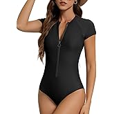 American Trends Women's Short Sleeve Rash Guard One Piece Swimsuit UPF 50+ Zip Front Athletic Surfing Bathing Suit Modest