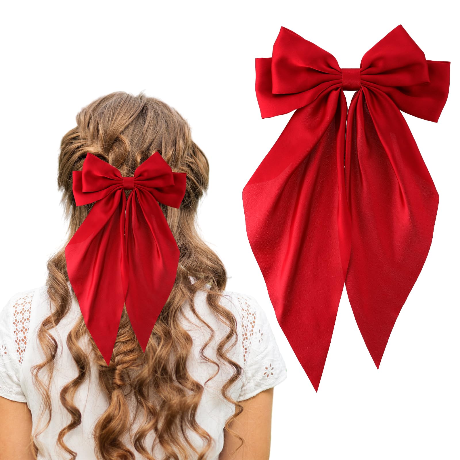 Andibro Long Tail French Ribbon Bow Hairpins, Big Bow Barrettes Soft Silky Satin Hair Clips Aesthetic Hairclips Metal Bowknot Clips Bow Hair Dress Up 90's Accessories Decor for Wedding Party(Red)