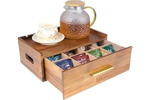 SIMCOTIC Tea Bag Organizer, Acacia Wooden Tea Box Organizer Storage Box for Countertop, Tea Bag Holder with Drawer, Pantry Organizers and Storage Tea Station for Tea Lovers, Organizador De Te (Brown)