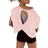 Fhniepan Open Back Tops for Women Oversized Short Sleeve Workout T Shirts Backless Y2k Athletic Crop Running Tees