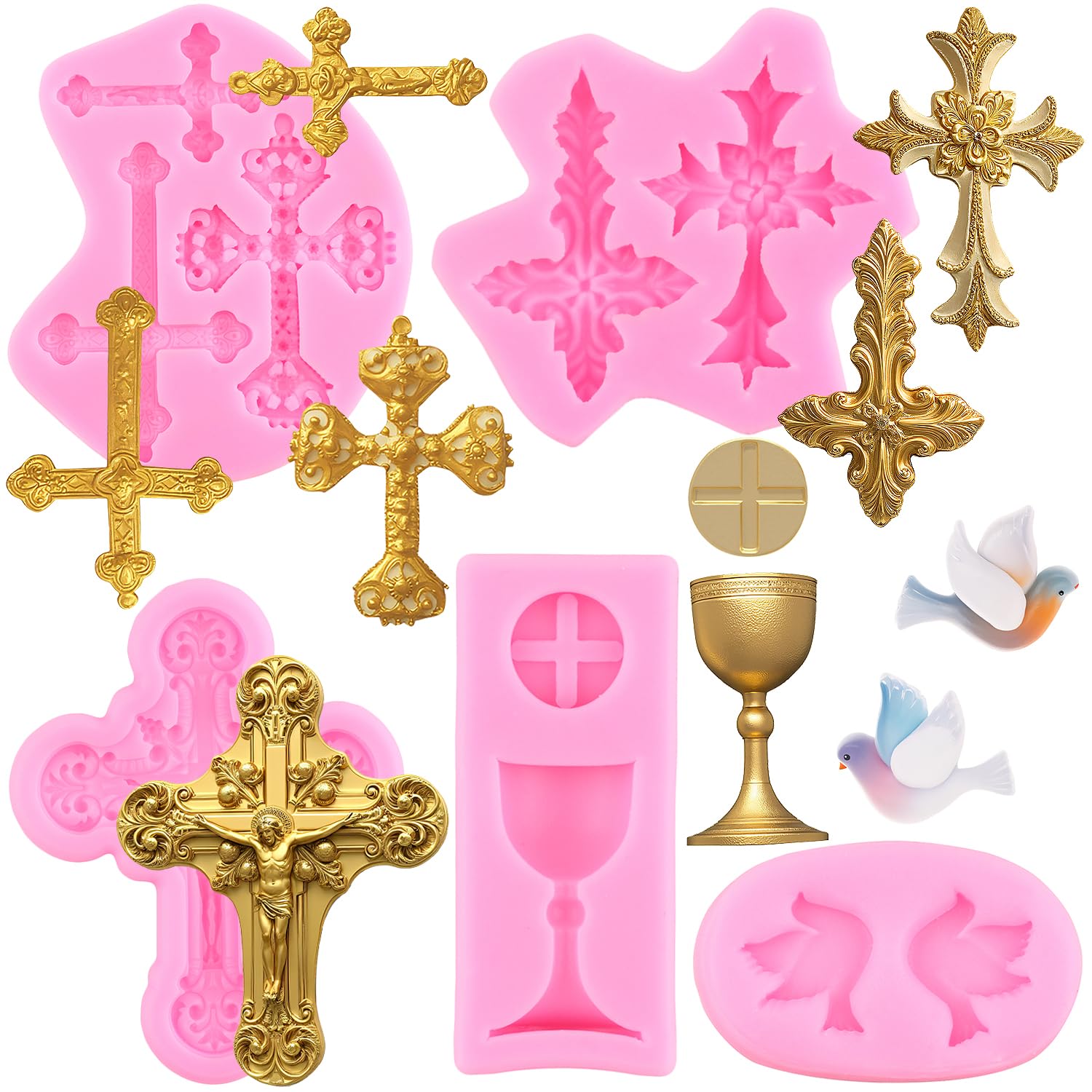 RFGHAC Communion Silicone Moulds Baptism Cross Fondant Mould Dove Chocolate Moulds Holy Communion Mould for Baptism Party Cake Decorating Cupcake Topper Chocolate Gum Paste Polymer Clay Set of 5