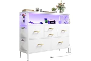 YILQQPER White Dresser for Bedroom Dresser, TV Stand with 6 Drawers, Bedroom Dresser with Power Outlets and LED Light, Fabric Dressers & Chests of Drawers with Shelves, Side Pockets & Hooks for 45" TV