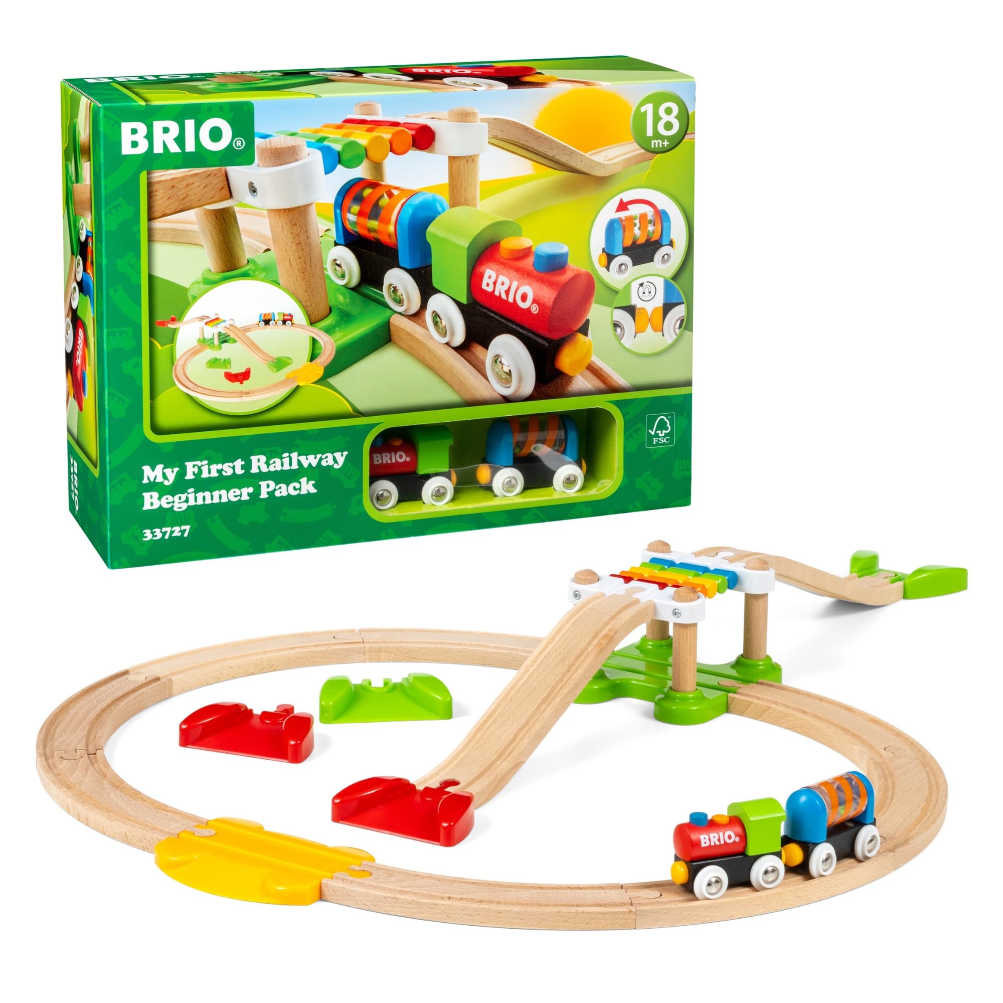 BRIO My First Railway 33727 Beginner Pack Wooden Train Set with Track – Push-Along Train & Rattle Wagon, Toddler Preschool Toy Gift for Boys & Girls, 18 Months and Up