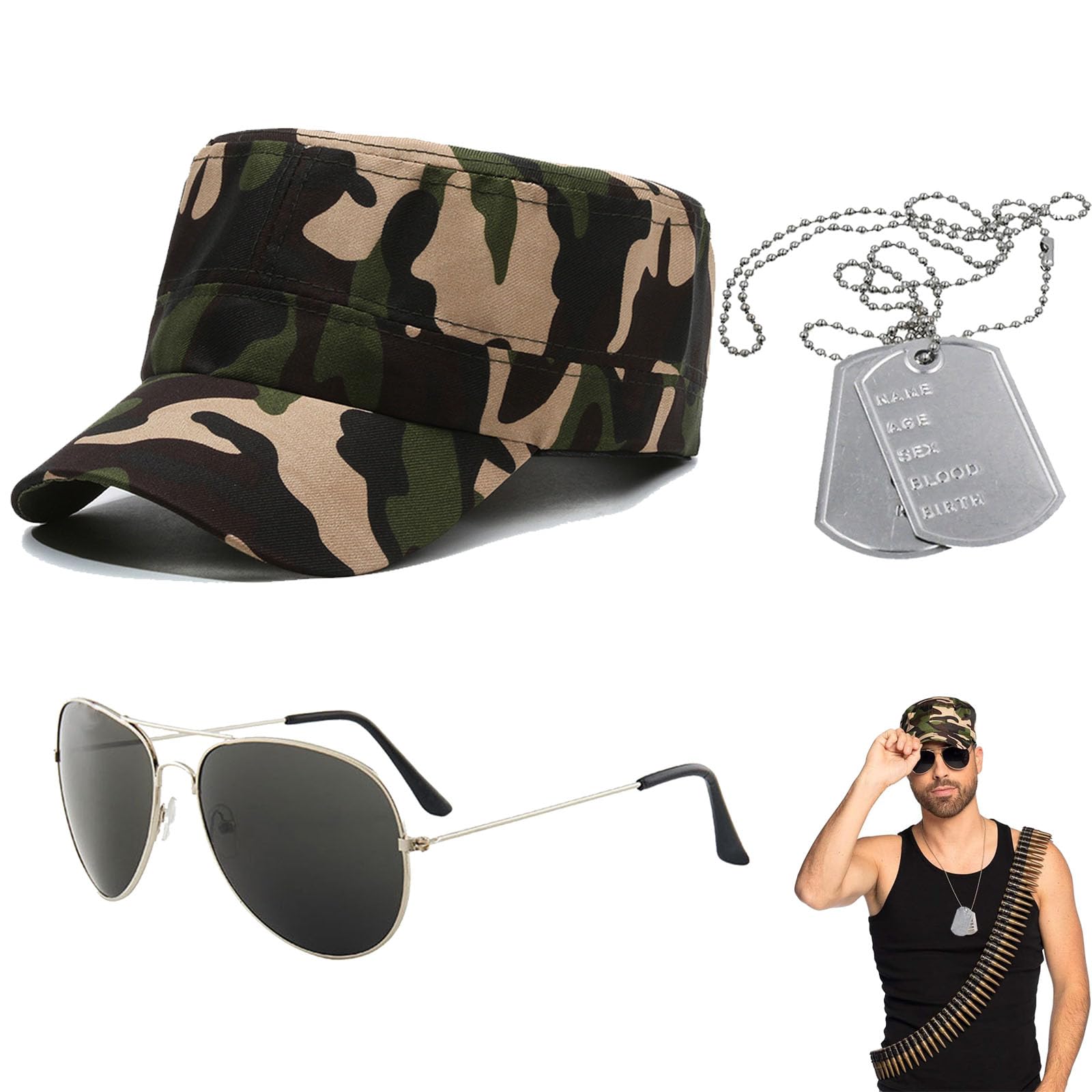 ARROMI 3 PCS Army Fancy Dress Set, Army Dog Tags, Army Accessories, Dog Tags Army, Camo Cap, For Adults Cosplay Dress up Halloween Theme Party Costume Role Play (Hat, Glasses, Hang Tag Necklace)