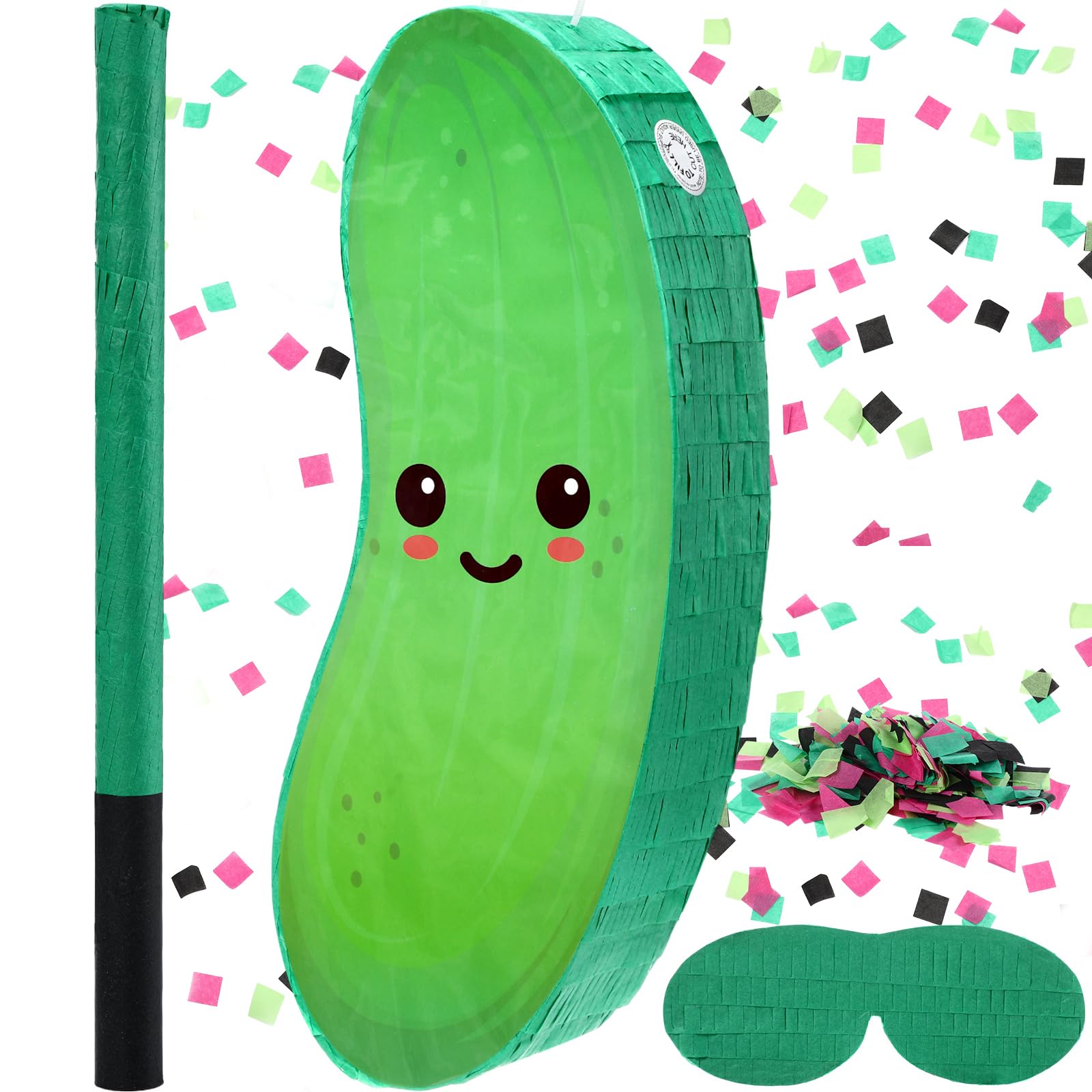 Photo 1 of Sonwyoung Pickle Piñata for Kids Birthday Party 15.7 x 6.7 x 2.8 Inches Cucumber Theme Piñata with Bat Blindfold and Confetti for Baby Shower Photo Props Cinco De Mayo Fiesta Decoration