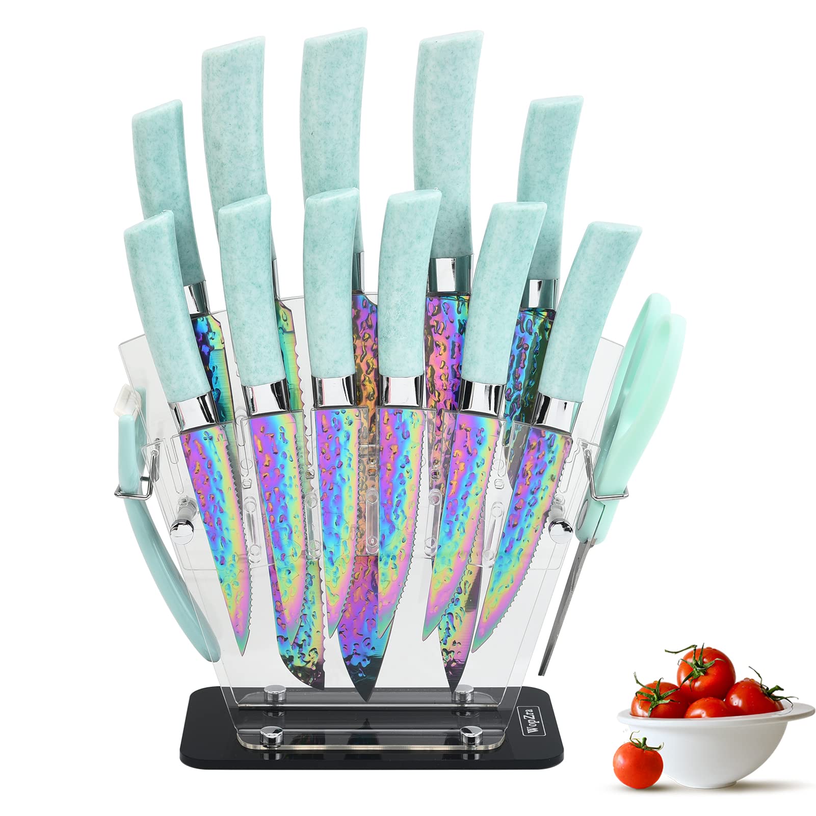 Photo 1 of WopZra Rainbow Knife Set, Kitchen Knives Set with Acrylic Block, Thick Blade Cutlery Knife Block Set, Chef Sharp Quality for Home & Pro Use, Best Gift (Teal Handle)