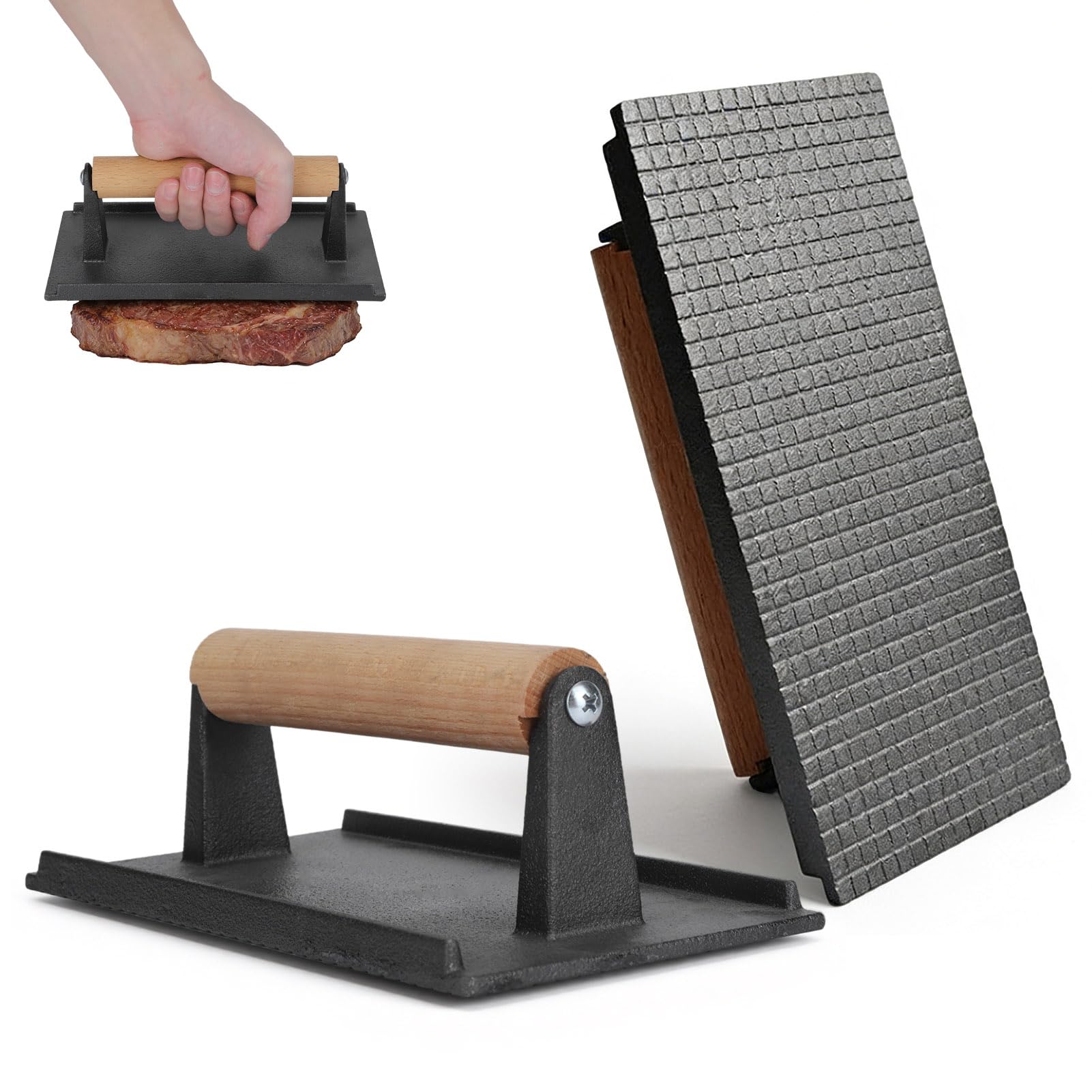 Agatige Cast Iron Bacon Press, Non Stick Rectangle Steak Weight Grill BBQ Meat Burger Press with Wood Handle Barbecue Grilling Tool for Burger Grilled Sandwich Quesadilla Steak, 20 x 10 cm