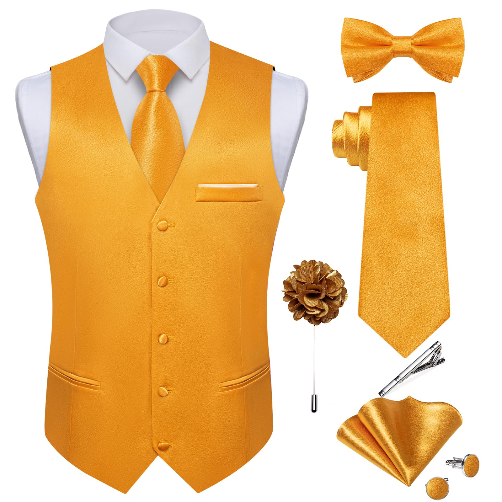 Photo 1 of DiBanGu Mens Satin Suit Vest and Tie Set 8PCS Solid Waistcoat and Bowtie with Lapel Pin for Tuxedo Dress Vest Wedding Formal, Gold, Large