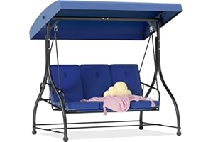 FUNG YARD 3-Seat Porch Swing Bed with Adjustable Canopy & Removable Cushions, Heavy Duty Steel Frame Outdoor Patio Swings Glider Chair for Backyard, Garden, Deck, Blue