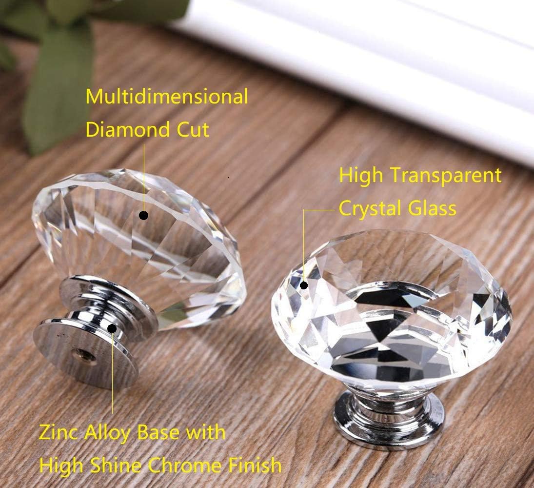 Vandicka 20 Pack 30mm Crystal Glass Cabinet Door Knobs Cupboard Wardrobe Dresser Drawer Pull Handles (Clear Diamond + Chrome Base) with Screws in 3 Sizes - Image 5