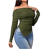 SOLY HUX Women's Off The Shoulder T Shirt Long Sleeve Asymmetrical Ruched Fitted Tee Going Out Tops