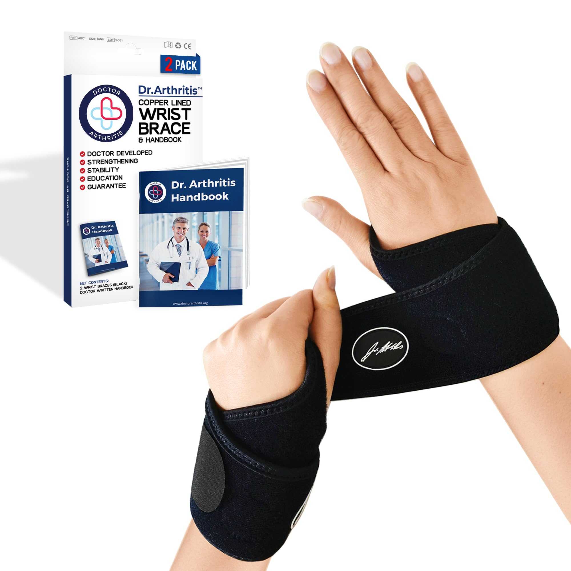 Doctor Developed Wrist supports with Wrist brace - for carpal tunnel, wrist injuries, wrist support for arthritis, hand support, wrist strap with Doctor Handbook (2 Pack)