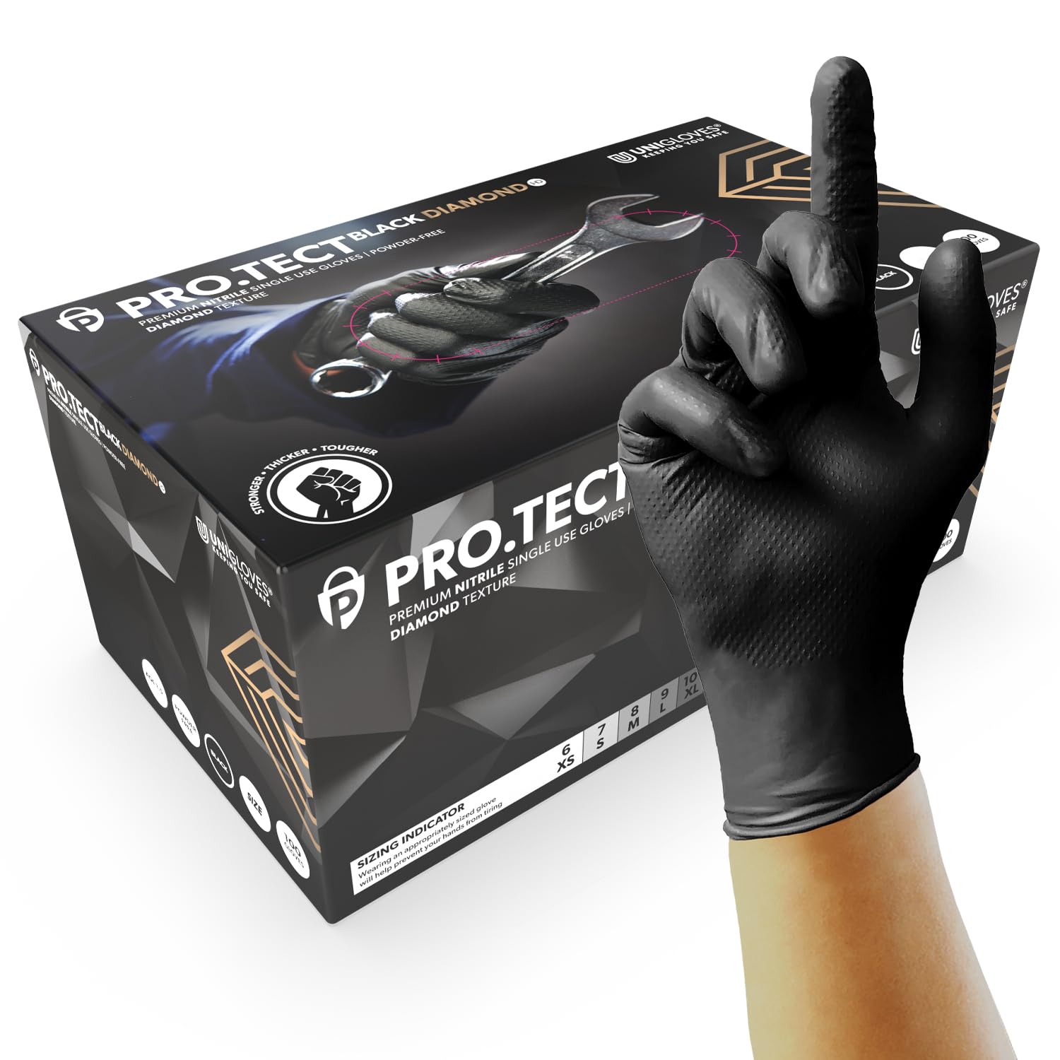 UNIGLOVES PRO.TECT Black Diamond HD, Nitrile Disposable Gloves, Beaded Cuff, Diamond Textured, Extra Strong and Maximum Protection, Touchscreen, Box of 100, Size L GA013