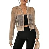 Milumia Women's Sparkly Sheer Mesh Long Sleeve Crop Jacket Light Weigh Zip Up Outwear