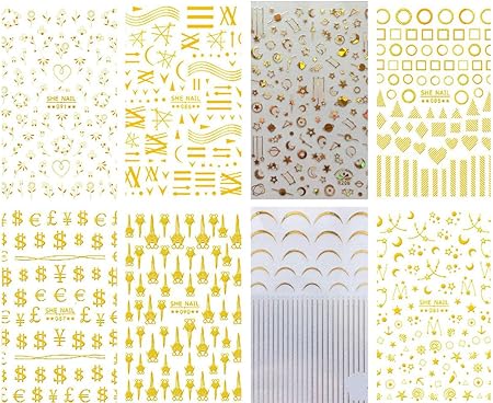 Amazon 8枚 大人気 金 ネイルシール 3d貼るだけマニキュアセット女性 女の子 子供用 10枚入極薄 こどもネイルステッカー かわいい 花 ハート月 星 通勤 通学 レジャー パーティー Ximkee シール ステッカー 通販