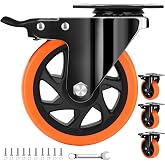 QNCZ 5 Inch Caster Wheel with Dual Brake, Heavy Duty, Silent, Set of 4 | Heavy Load, Dual Locking Brakes, Quiet PU Wheels, Floor-Safe, Steel Plate Mount, Easy Install, For Carts &amp; Workbenches