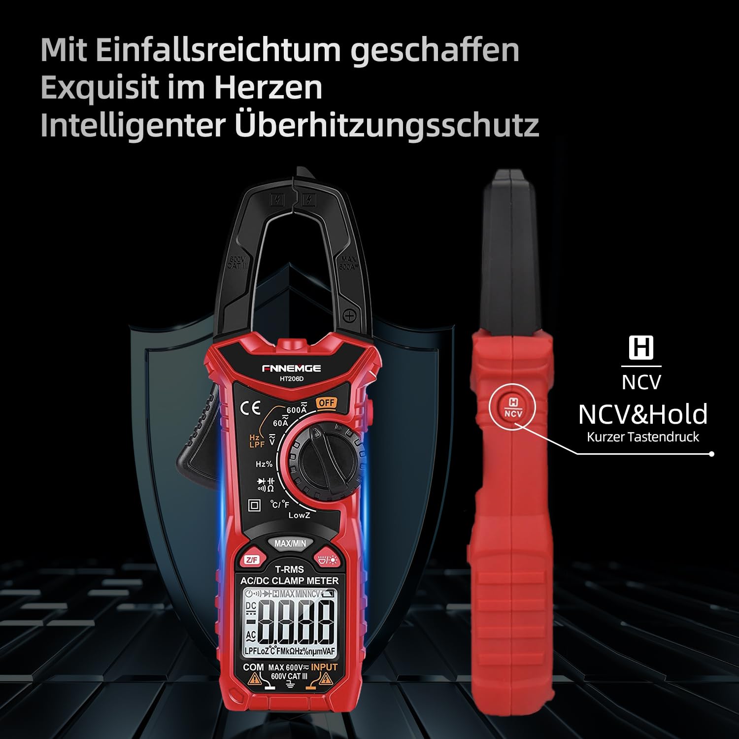 FNNEMGE HT206D Stromzange，Strommessgerät DC/AC Strom: 0-600A，Multimeter True-RMS 6000 Counts Auto-Ranging，misst Spannung Kapazität Durchgang (AC/DC-Strom) 6