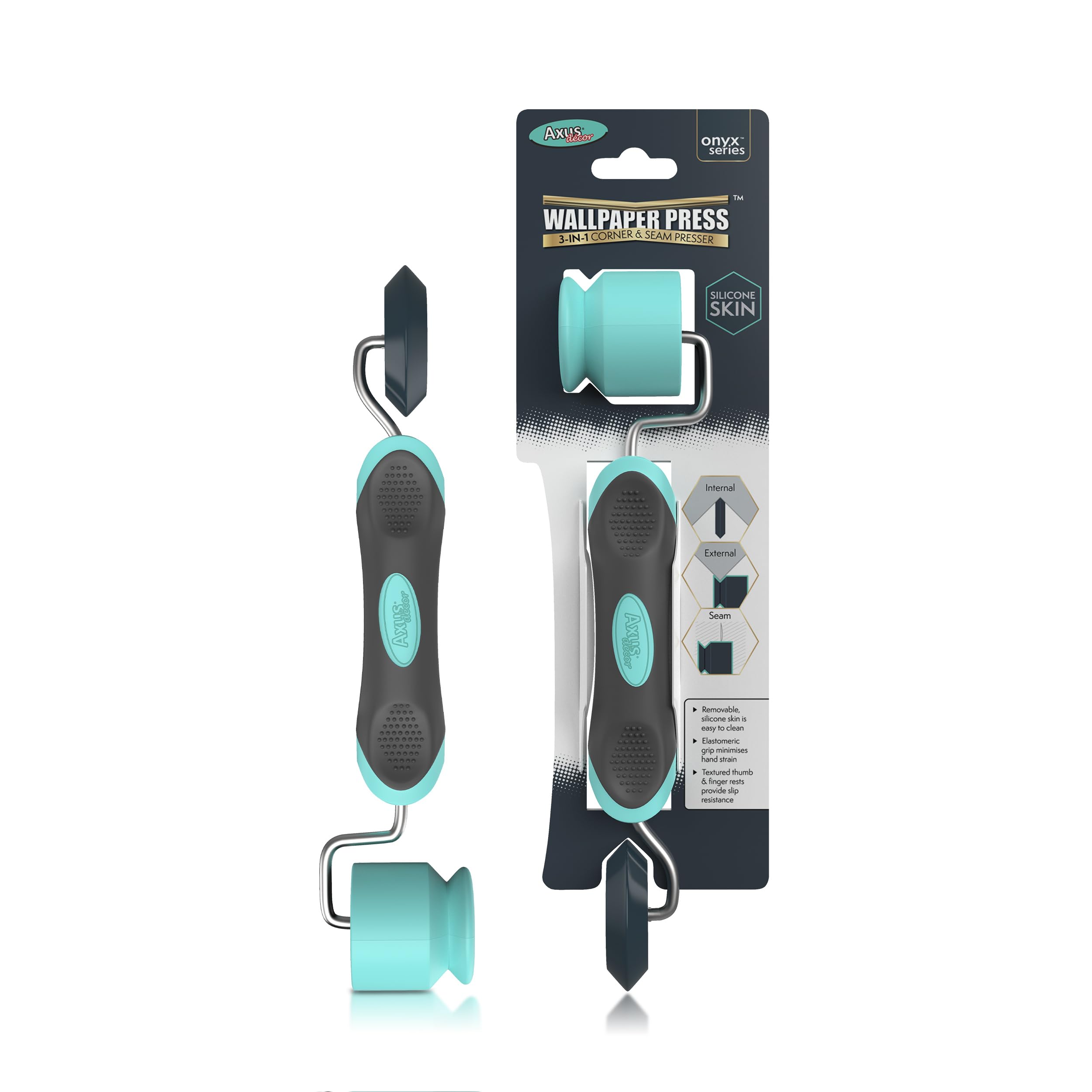 Axus Decor 3 in 1 Wallpaper Tool - Wallpaper Press & Seam Roller - Ergonomic Handle & 6mm Metal Rod - Wallpaper Roller with Removable Silicone Sleeve & Textured Thumb, for Professional & DIY