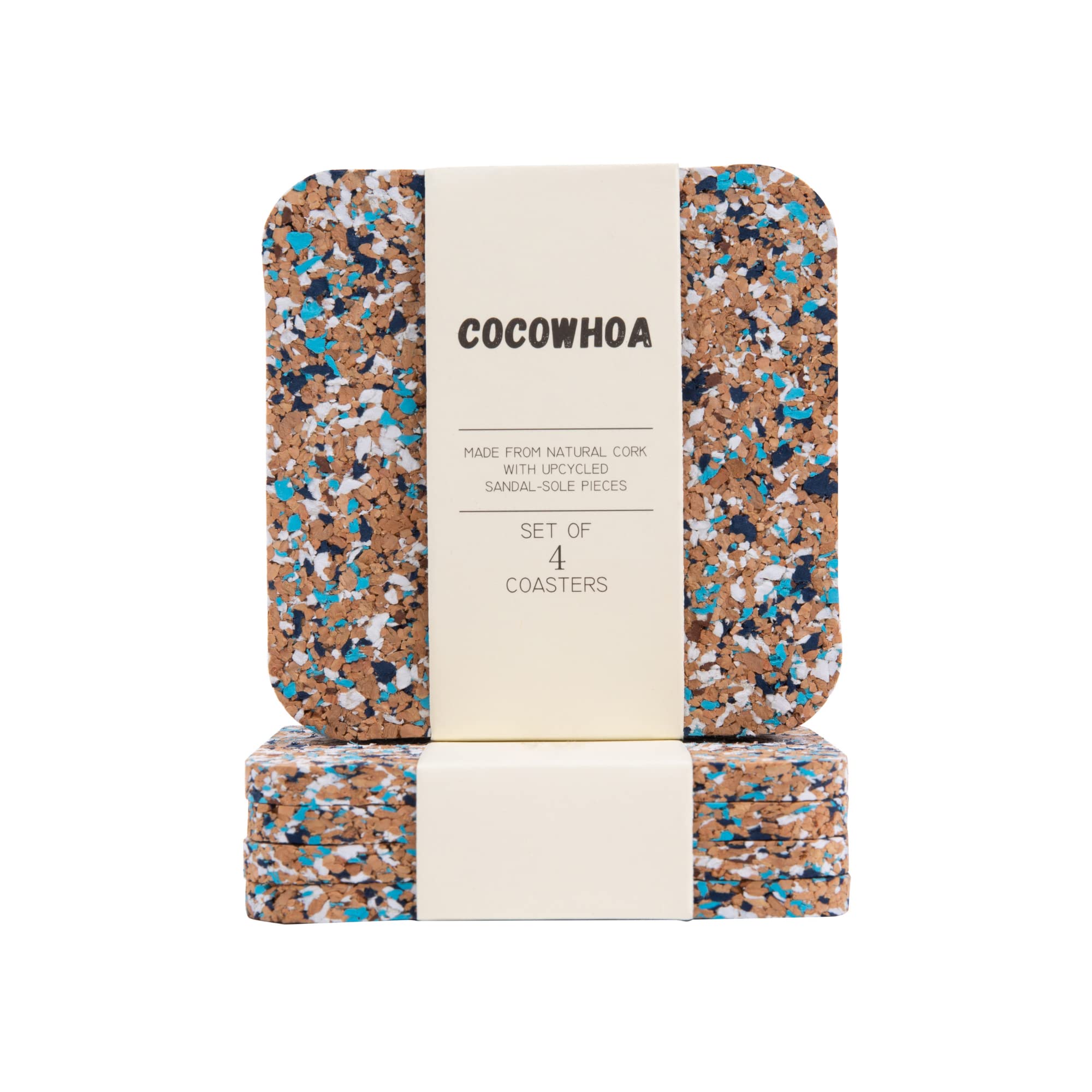 Recycled Drink Coasters, Set of 4, Cork Coasters for Drinks, Made from Recycled Sandals, Colorful Drink Coaster for Desk, Coffee Table, Kitchen, and Bar, BPA Free, Easy to Clean, by Cocowhoa (Blue)