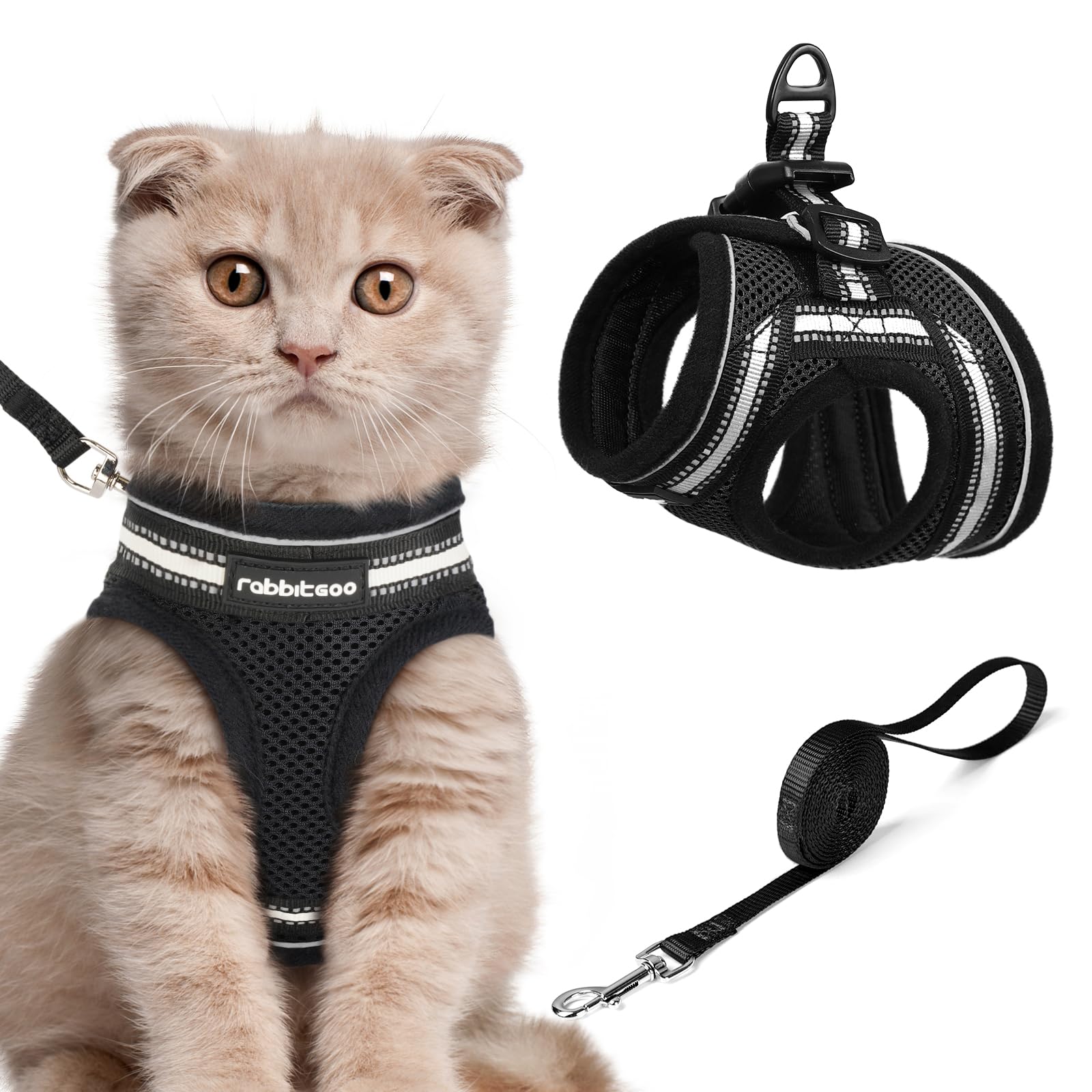 rabbitgoo Cat Harness and Leash Set for Walking Escape Proof, Adjustable Soft Kittens Vest with Reflective Strip for Extra Small Cats, Comfortable Choke-Proof Outdoor Vest Harness,Black, Large — image 1