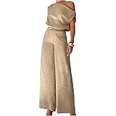 OYOANGLE Women's 2 Piece Outfits Metallic Sleeveless Asymmetrical Crop Blouse and Wide Leg Pants Set
