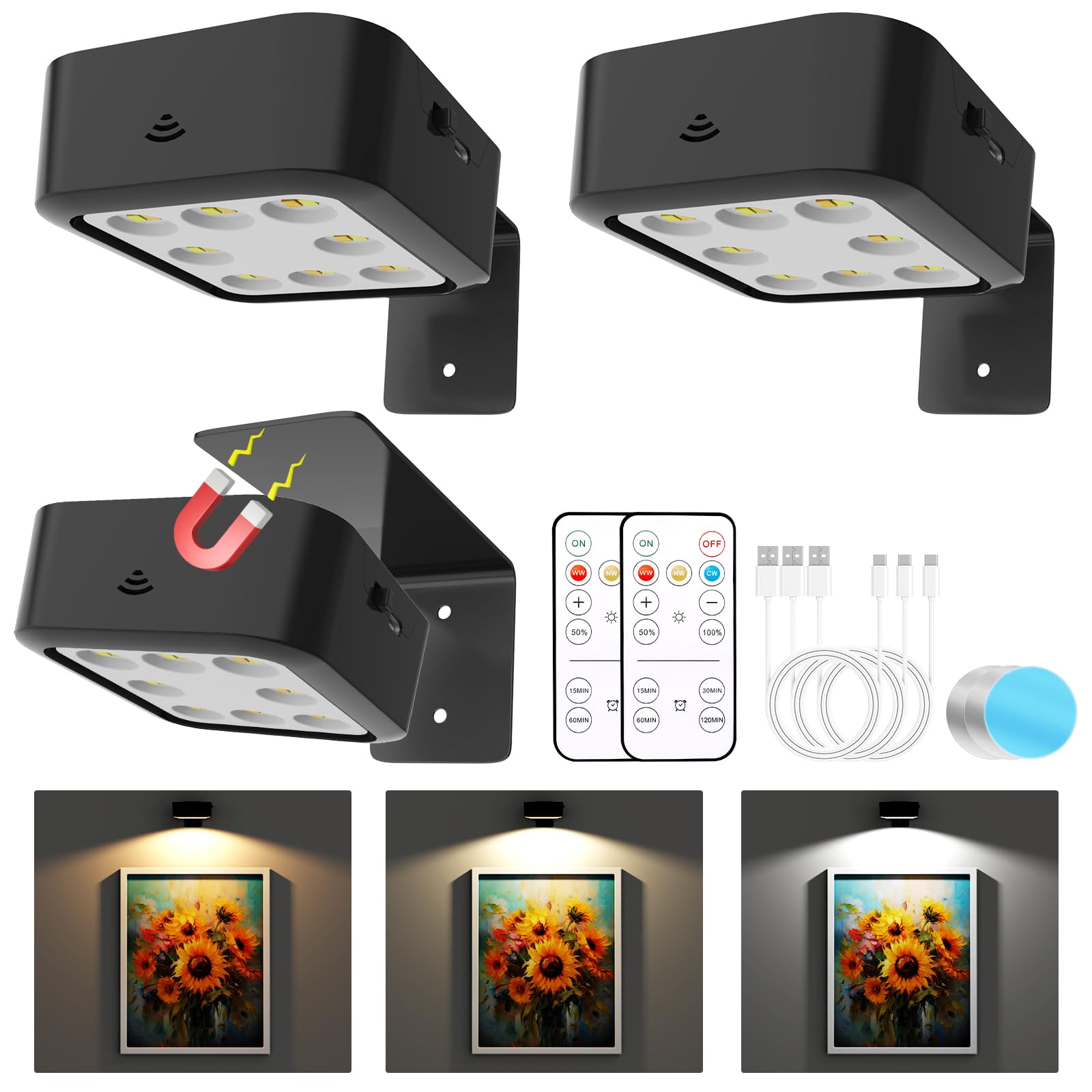 Photo 1 of 3 Pack Picture Lights for Wall, Rechargeable Battery Operated Wall Lights, Picture Frame Lights with 3 Lighting Modes, Wireless Magnetic Painting Light with Remote Control Timer (Black, 3 Pack)