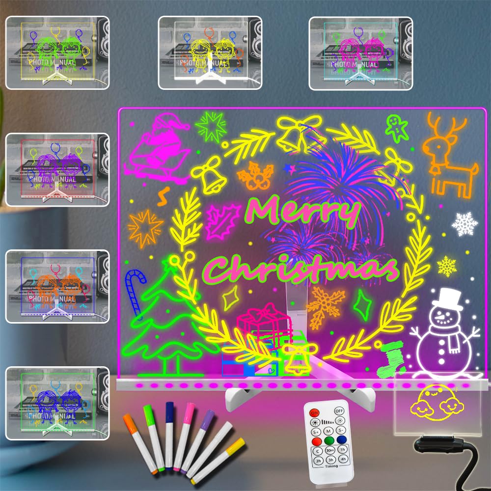 Clear Glowing Reusable LED Drawing Board Planning Board 15.7 * 11.81Inch Acrylic Dry Erase Board Office School Products Desktop Whiteboard 7 Color 3 Lighting Mode Table Lamp Message Board Gift