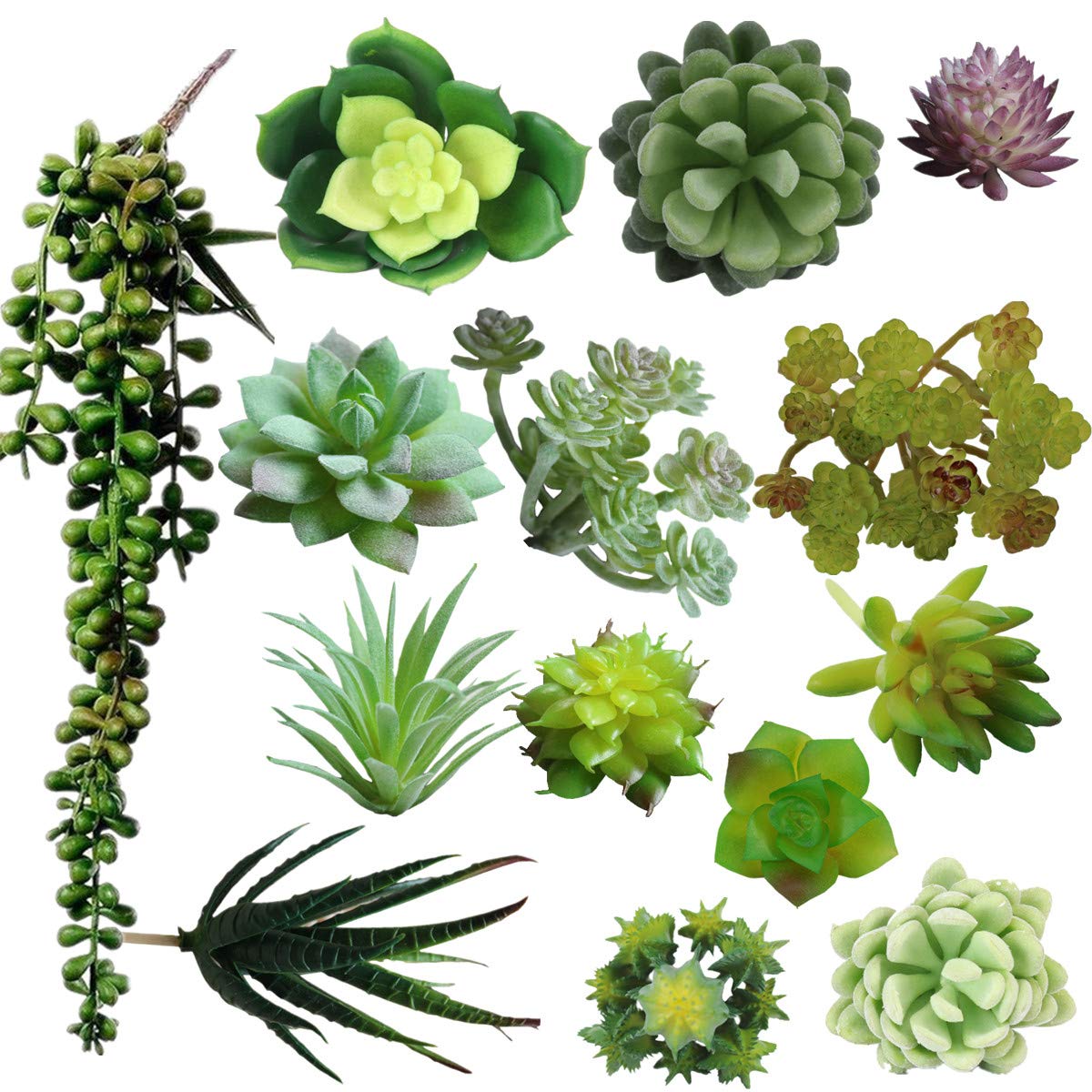 Assorted Green Artificial Succulent Plants Faux Fake Succulents Textured Cactus Stems Cacti Aloe Succulent In Different Artificial Hanging String of Pearls Plant For Wedding For Home Decor(14pcs)