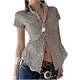 MakeMeChic Women's Plaid Collared Button Down Shirt Short Sleeve Vintage Blouse Tops