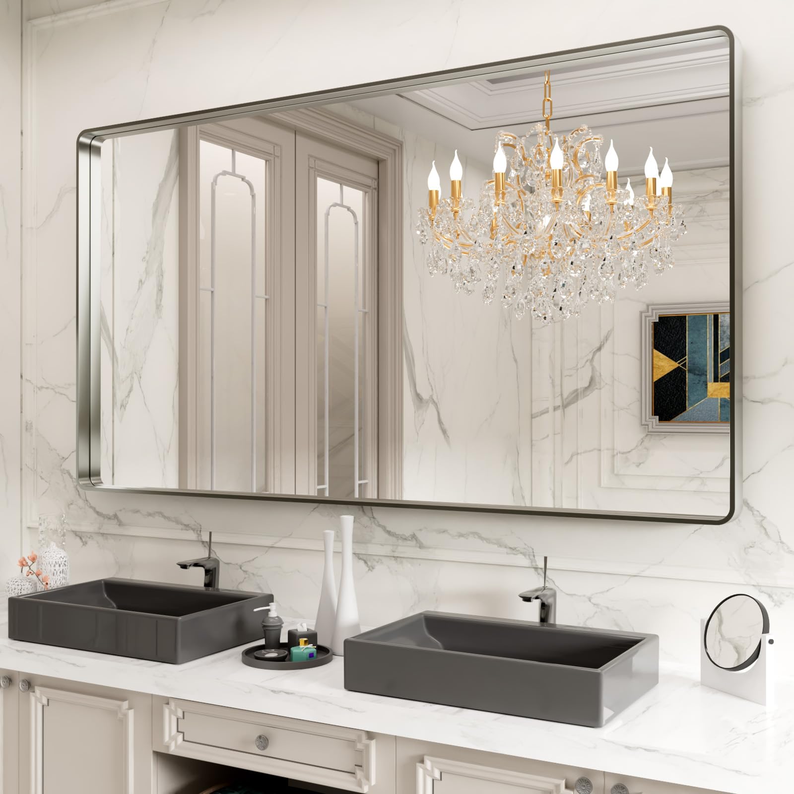 Photo 1 of LOAAO 77X36 Inch Brushed Nickel Bathroom Mirror, Rounded Rectangle Silver Metal Frame Mirror, Brushed Nickel, Anti-Rust, Hangs Horizontally or Vertically