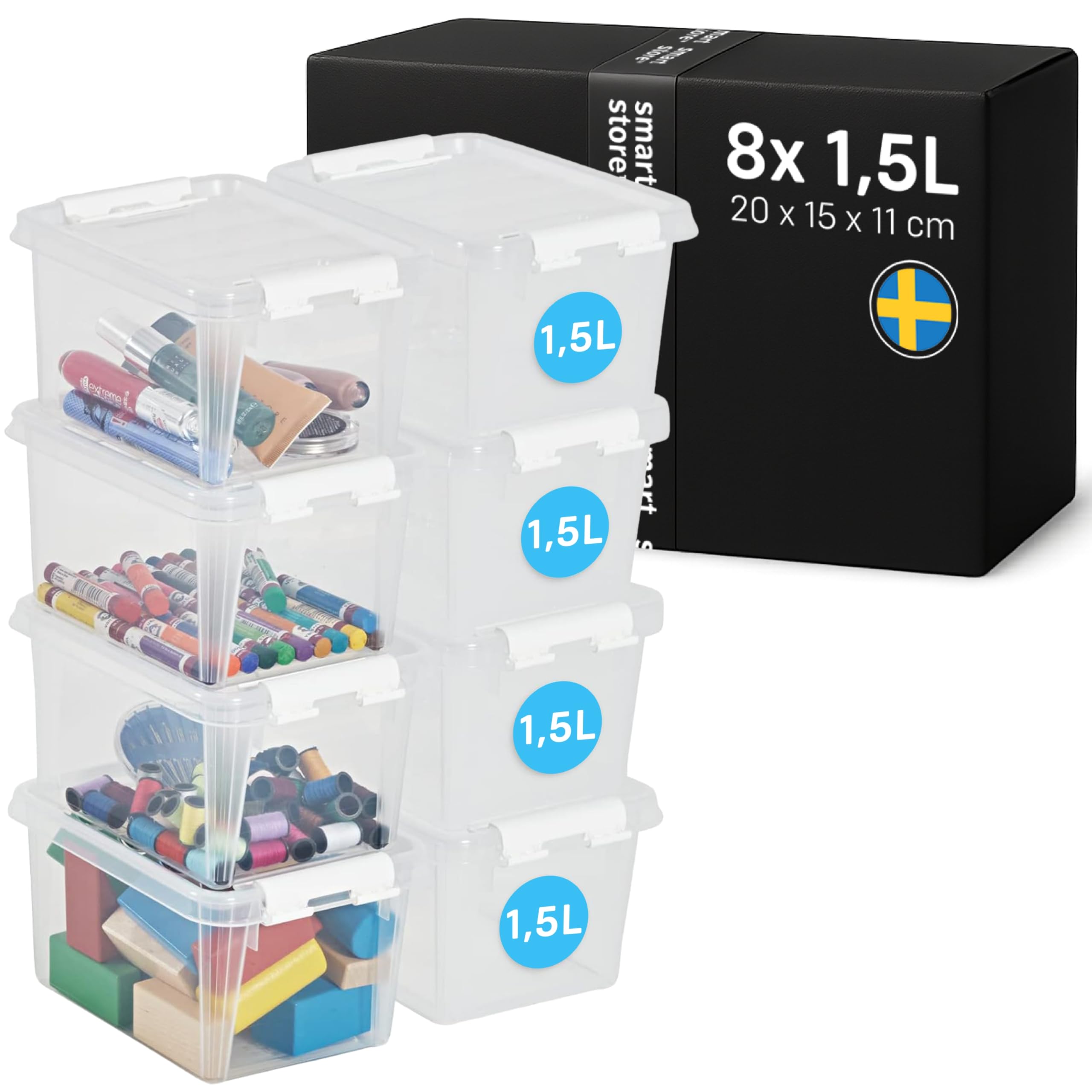SmartStore - 8x Plastic Storage Box with Lid Classic 1.5L (20x15x11cm) |Storage Drawers|Food-Safe Material|Kitchen & Organisation|BPA-Free|Durable Container for Home & Office|10-Year Warranty