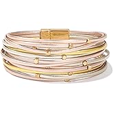 FANCY SHINY Beaded Leather Wrap Bracelets Cute Boho Stackable Bangle Cuff with Magnetic Clasp