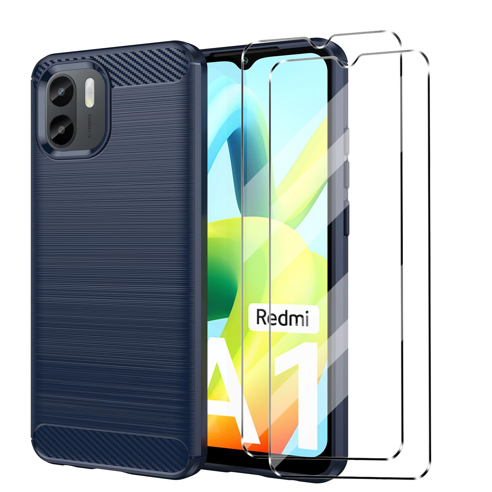 [3 in 1] Case Compatible with Redmi A2 Cover with 2 Pack Tempered Glass Screen Protector for Redmi A2, Slim Fit Soft TPU Shockproof Anti-Scratch Phone Case Cover - Navy