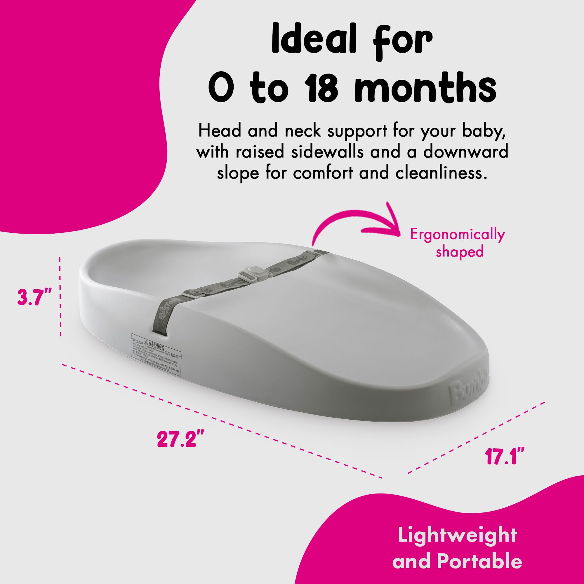 Bumbo Baby Changing Pad for Dresser or Table Top, Portable & Wipeable Non Slip Soft Contoured Diaper Change Station with Harness, Cool Grey