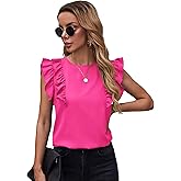 Milumia Women Elegant Ruffle Trim Butterfly Sleeve Blouse Round Neck Work Shirt Top