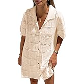 Saodimallsu Womens Crochet Swimsuit Cover Up Dress Short Sleeve Button V Neck Knit Summer Beach Vacation Outfits